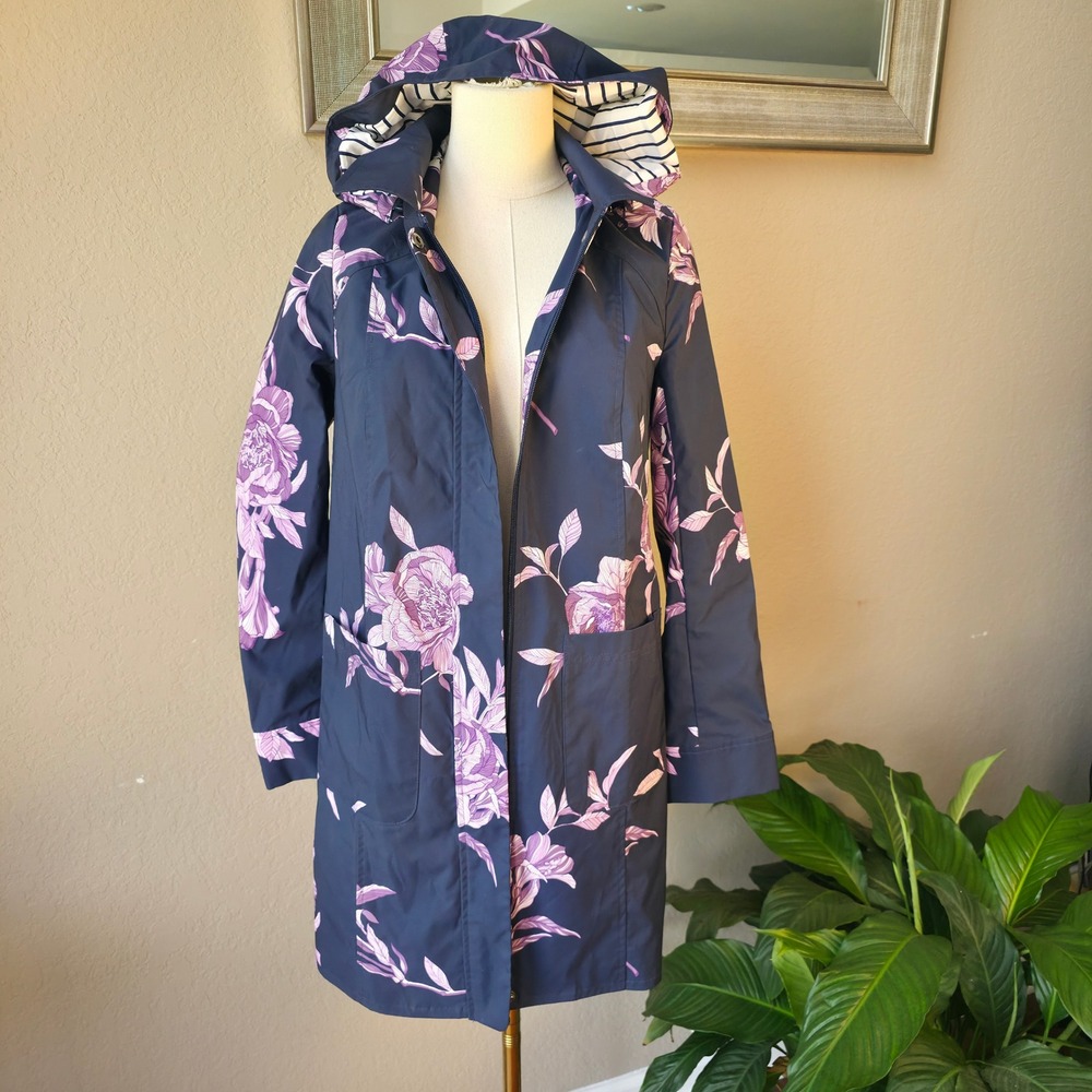 Chico's Women's‎ Floral Rain Coat Jacket Hooded Size 0 Blue Purple Striped Small